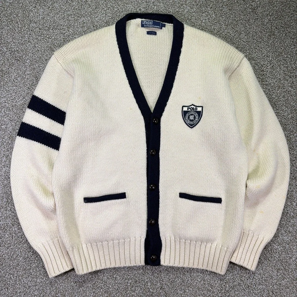 Vintage Polo Ralph Lauren 90s Striped Wool Cardigan XL Crest Logo
